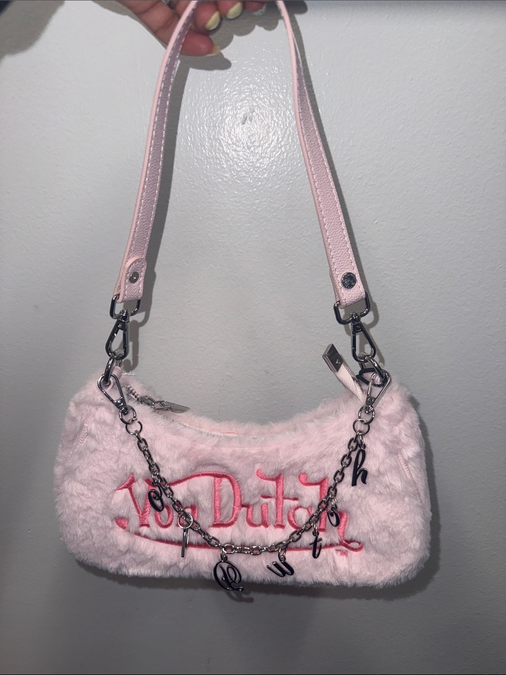 Von Dutch Pink Fur Shoulder Bag with silver chain charms NWT